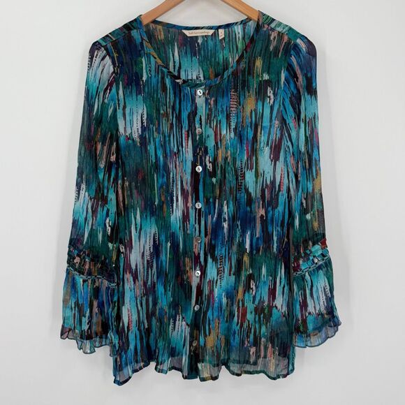 Soft Surroundings Amelie Top Long Bell Sleeves Sheer Blue Abstract Women Medium - Picture 1 of 8